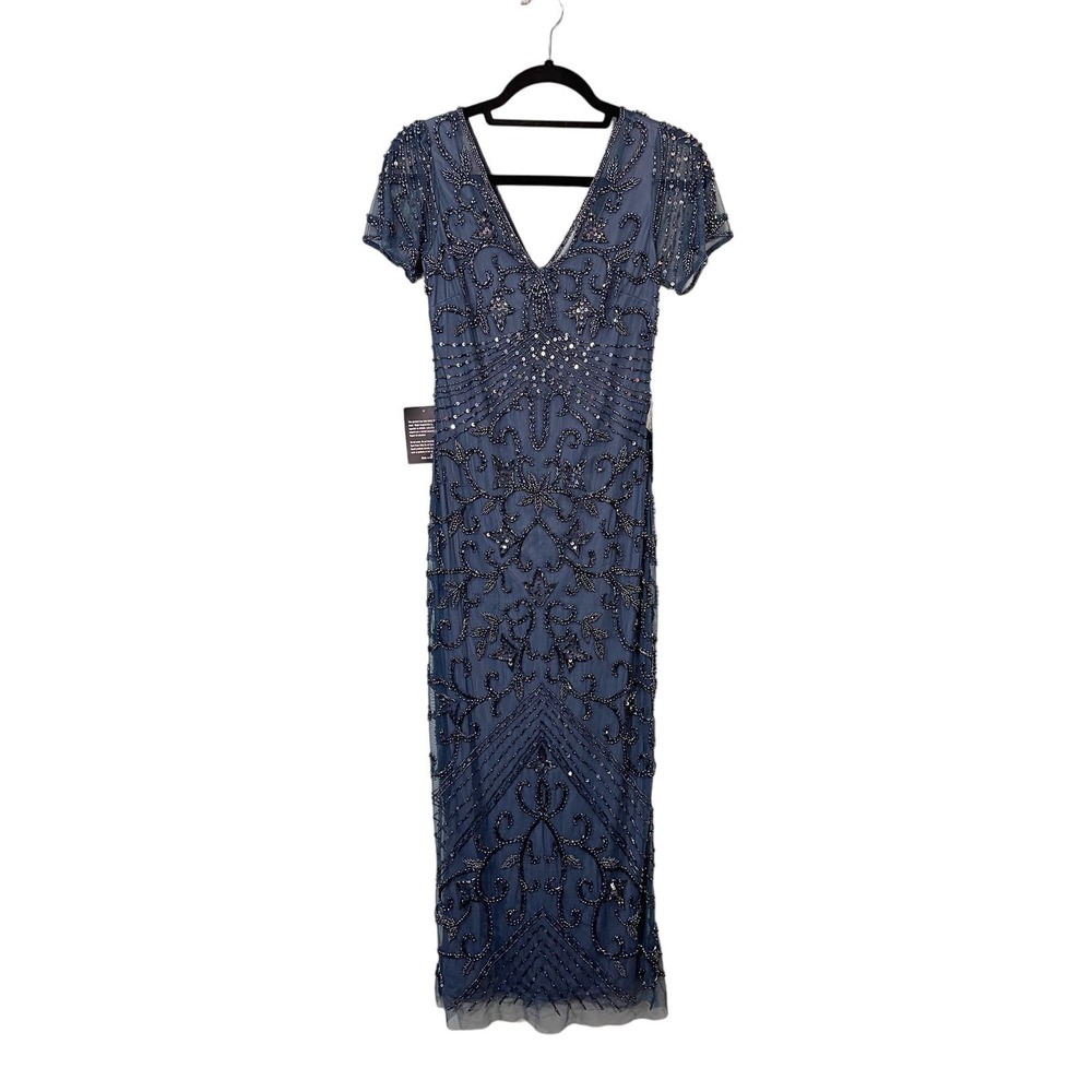 Pisarro Nights Women's Beads Sequins V Neck  Coastal Blue Long Gown Size 2 NWT